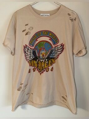 Haute Couture Van Halen 1984 Distressed Graphic T-Shirt Size L Cream Rock Tee
